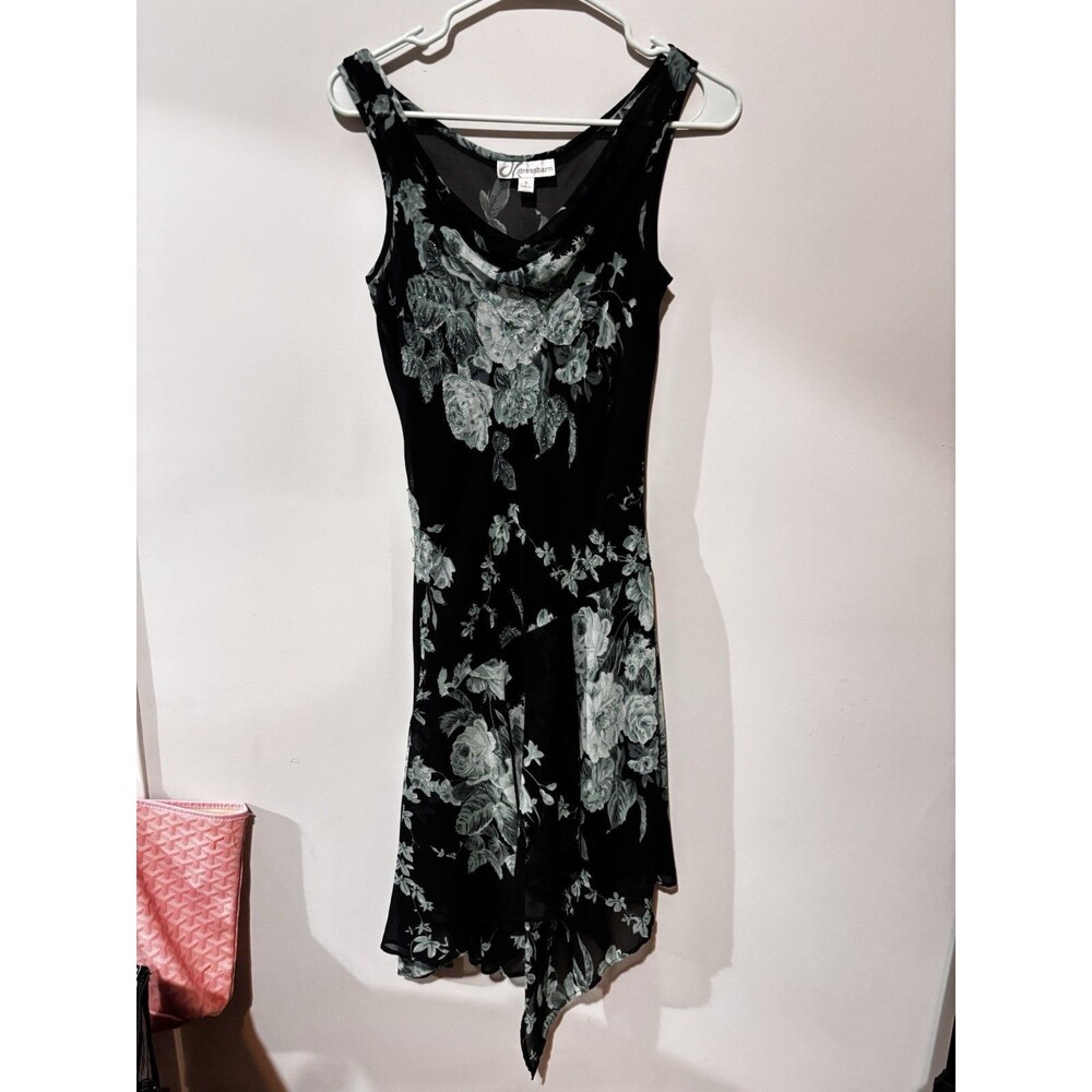 Y2K Dressbarn Asymmetrical Floral Dress Beaded Black Turquoise Small